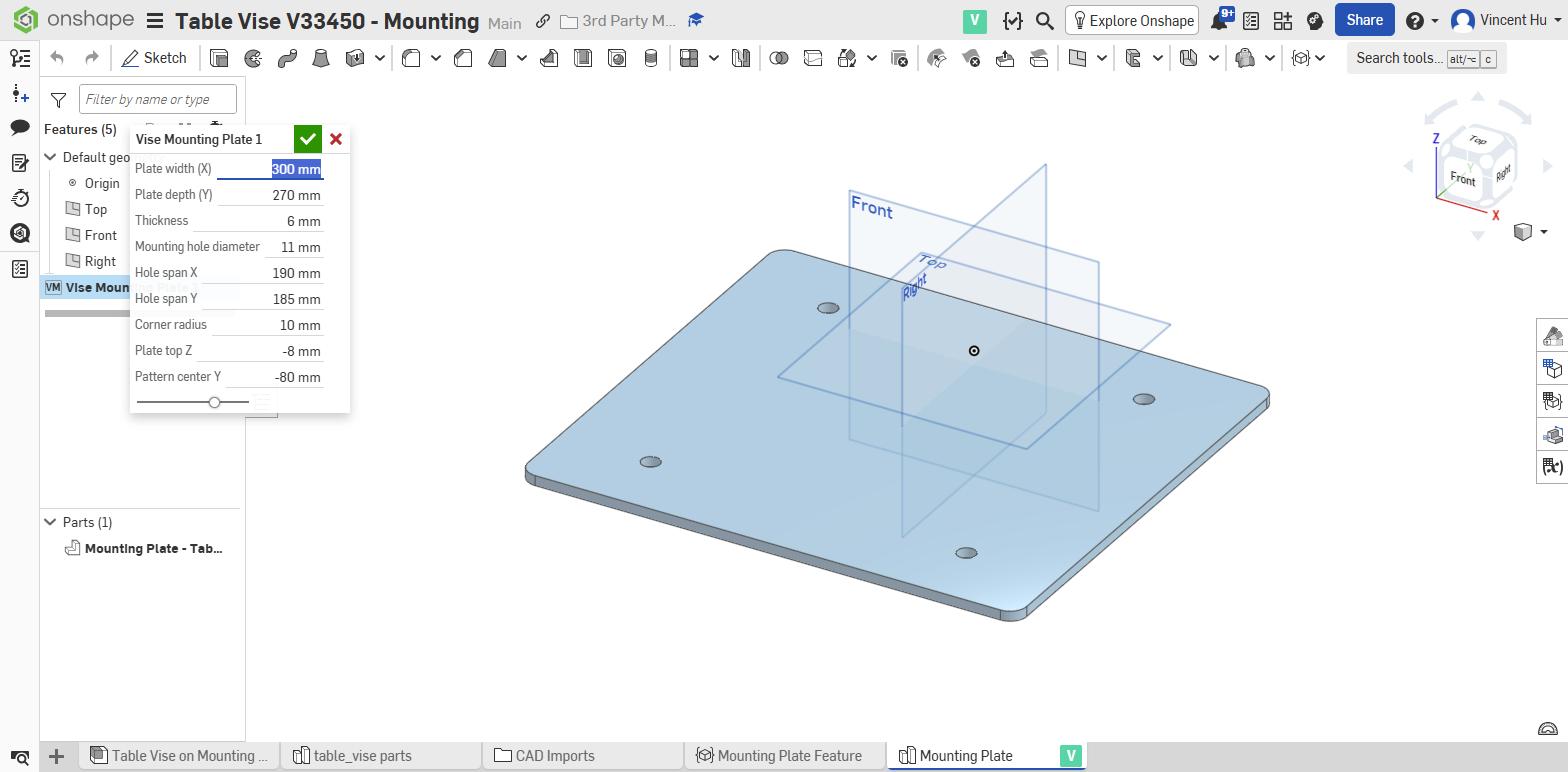 Nine parameters in the feature dialog — but none extracted as document variables or configurations