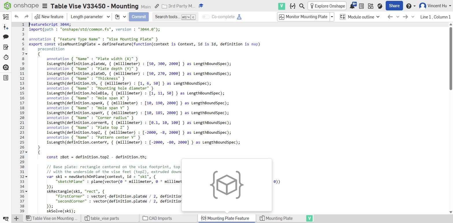 The custom feature's FeatureScript: annotated parameters with bounds, written and sandbox-tested by the agent