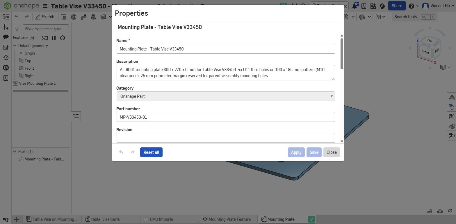 Part properties, filled in by the agent: name, description, item number MP-V33450-01