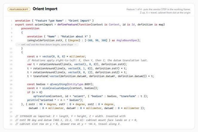 Orient Import: rotations and a datum translation move the vendor frame onto the working frame