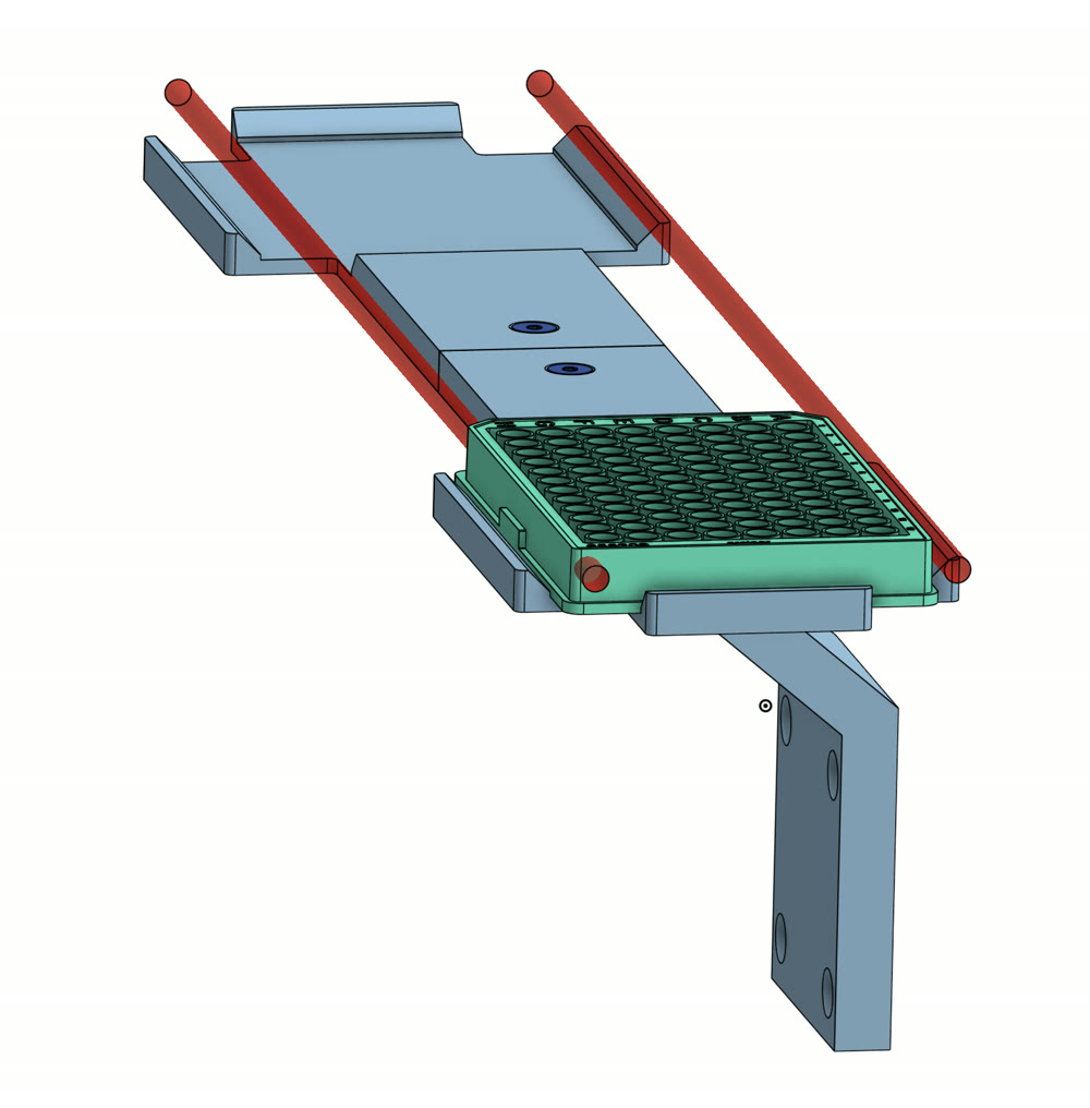 CAD of a SkySlide carrier nest holding a 96-well plate, with red rods along its sides and the mounting bracket below