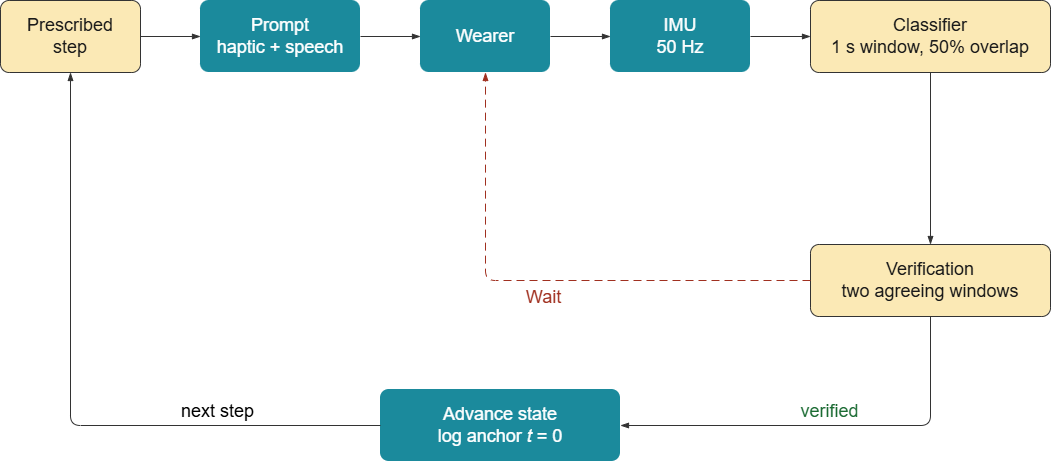 Control loop diagram: prescribed step, prompt by haptic and speech, wearer, IMU at 50 Hz, classifier, verification by two agreeing windows, then advance state and log anchor t equals zero, with a wait path back to the wearer
