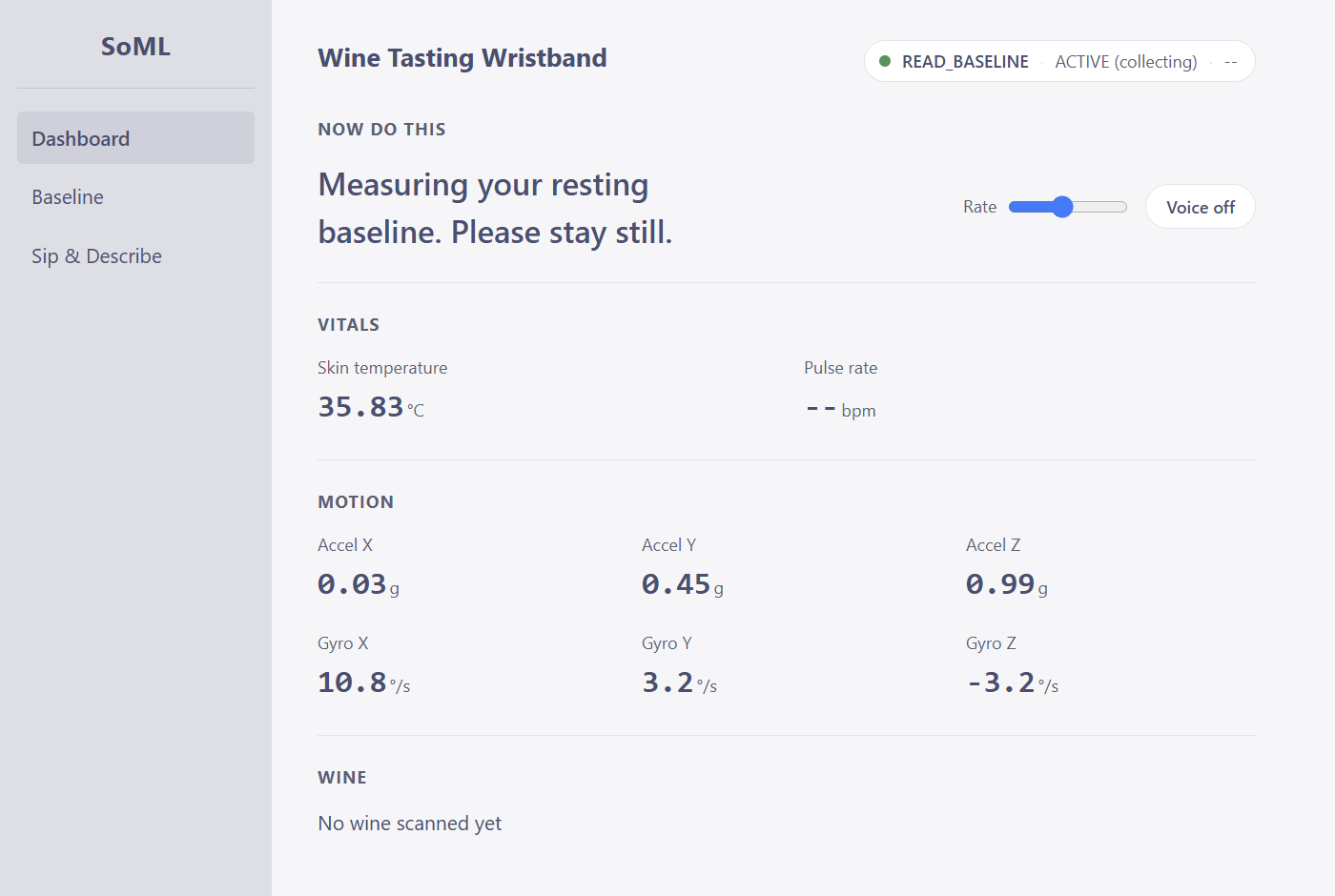 Wine Tasting Wristband web dashboard showing the current instruction, skin temperature, pulse rate, and six IMU readings